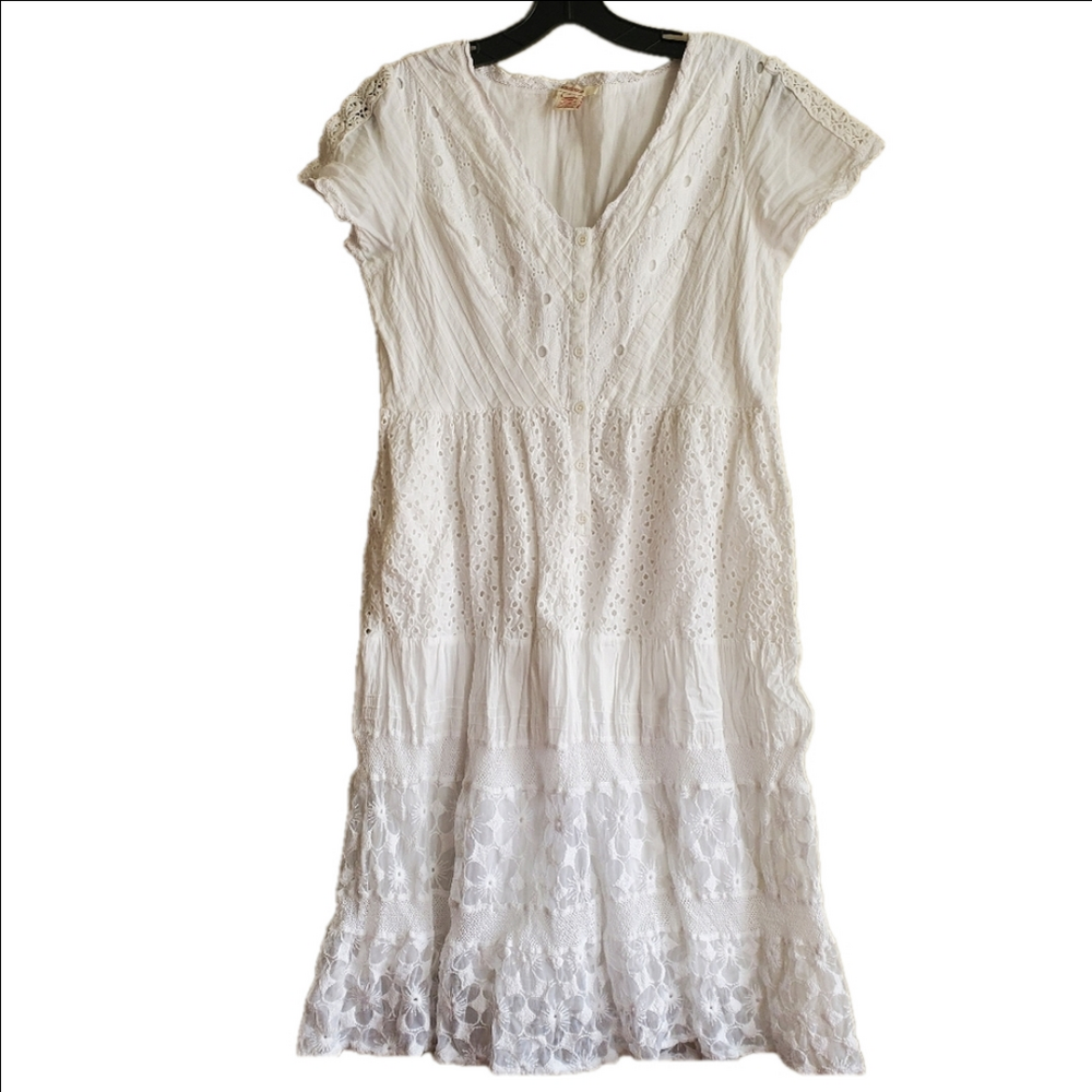 Sundance White Cotton Eyelet Lace Cap Sleeve Tiered Boho Mini Dress Size 6